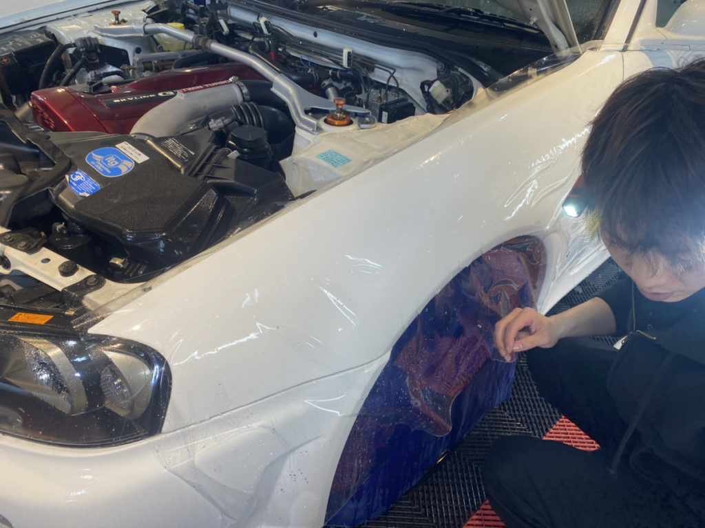 ニッサン・スカイライン34GT-R・V-spec・フロントフル・プロテクションフィルム施工・コーティング一年メンテナンス!!!