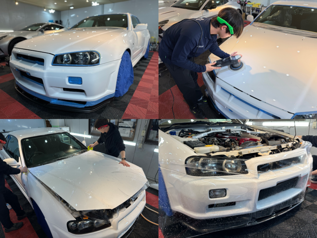 ニッサン・スカイライン34GT-R・V-spec・フロントフル・プロテクションフィルム施工・コーティング一年メンテナンス!!!